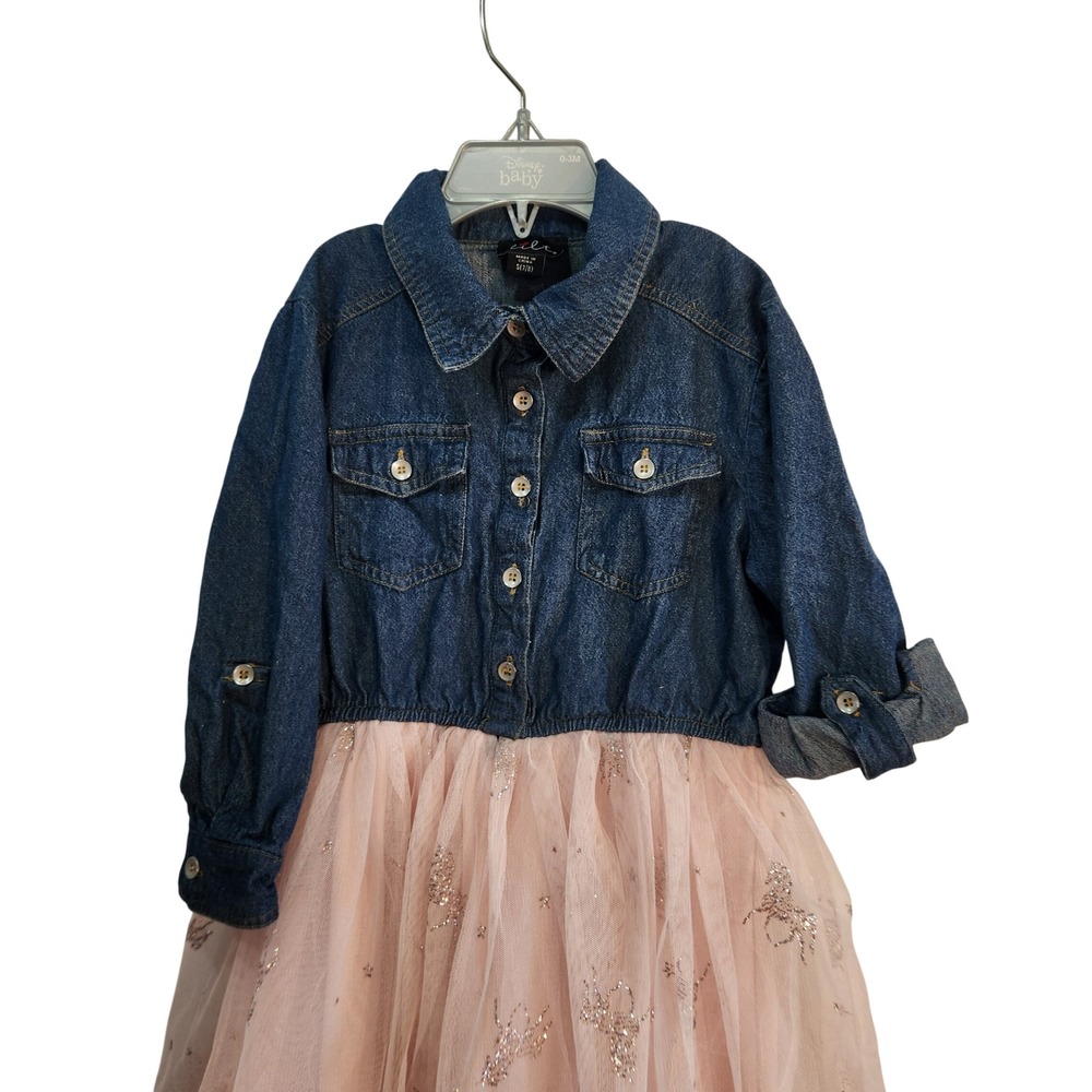 Lilt Girls Denim Jean Roll Tab Sleeve Dress Pink Sparkle Tulle Skirt Size S 7-8